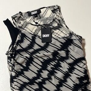 DKNY Mesh Tank Top Size S Blk White Cinched Sides Sleeveless Edgy Minimalist NWT